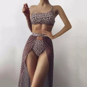 Costum de baie 3 piese cu fusta, imprimeu leopard, mov #ZZ3927