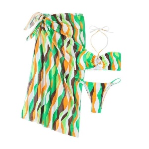 Costum de baie 3 piese cu fusta midi, sutien cu prindere dupa gat, multicolor #ZZ3942 - Img 5