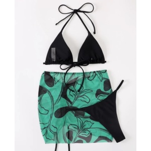Costum de baie 3 piese cu fusta scurta, negru/ verde #ZZ3981 - Img 2