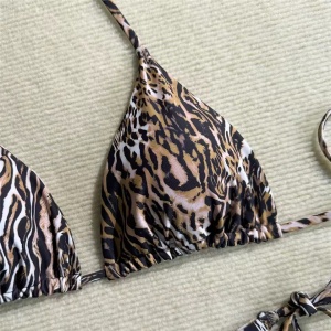 Costum de baie 3 piese cu fusta, slip reglabil, animal print, maro #ZZ3022 - Img 8