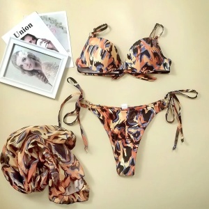 Costum de baie 3 piese cu halat, cupe buretate, slip reglabil, animal print, negru/ maro #ZZ3953 - Img 7