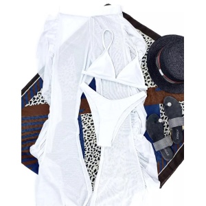Costum de baie 3 piese cu pantalon lung semitransparent, alb #ZZ3947 - Img 3