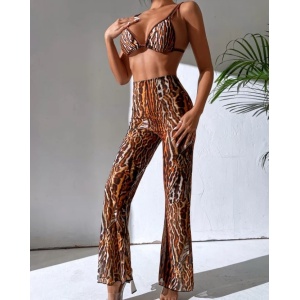 Costum de baie 3 piese cu pantaloni lungi, animal print, maro #ZZ3976 - Img 3