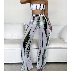 Costum de baie 3 piese cu pantaloni lungi si sutien tip bustiera, alb/ verde #ZZ3957