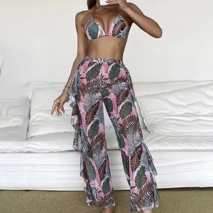 Costum de baie 3 piese cu pantaloni lungi vaporosi, imprimeu, roz/ verde#ZZ3974