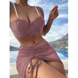 Costum de baie 3 piese cu push-up, fusta scurta si perle decorative, roz #ZZ3987