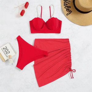 Costum de baie 3 piese cu push-up, fusta scurta si perle decorative, rosu #ZZ3005 - Img 6