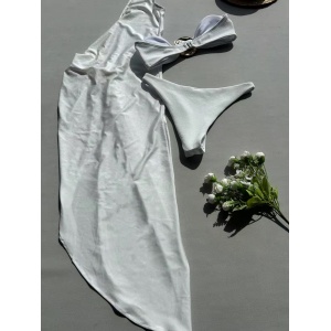 Costum de baie 3 piese cu rochie pe un umar si elemente metalice aurii decorative, alb #ZZ3020 - Img 8