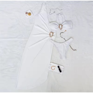 Costum de baie 3 piese cu rochie pe un umar si elemente metalice aurii decorative, alb #ZZ3050 - Img 4