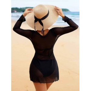 Costum de baie 3 piese cu rochie scurtă, negru #ZZ3053 - Img 3