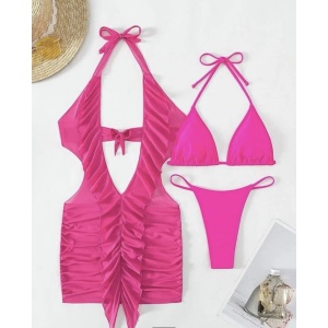 Costum de baie 3 piese cu rochita scurta decoltata si volane, roz fucsia #ZZ3915 - Img 4