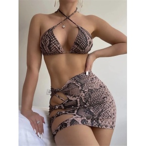Costum de baie 3 piese, fusta cu decupaje, slip tanga, imprimeu sarpe, maro #ZZ3982 - Img 2
