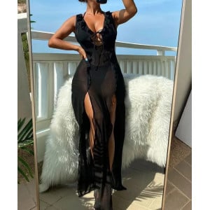 Costum de baie 3 piese, rochie lunga din voal cu crapaturi pe picioare, negru #ZZ3015 - Img 2