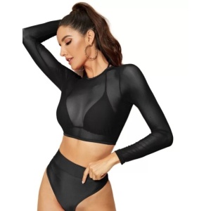 Costum de baie 3 piese sexy cu bluza scurta semitransparenta, negru #ZZ3924 - Img 3