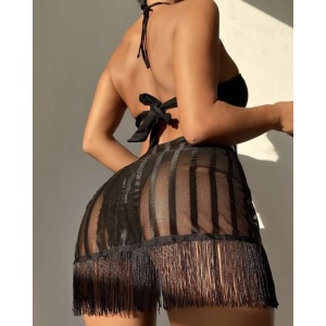 Costum de baie 3 piese sexy cu fusta si franjuri decorative, negru #ZZ3922 - Img 3