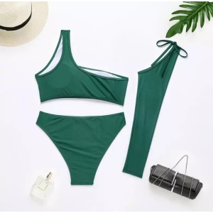 Costum de baie 3 piese, sutien pe un umar si slip cu talie inalta, verde #ZZ3935 - Img 3