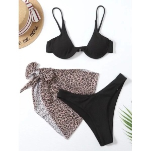 Costum de baie 3 piese texturat cu esarfa imprimeu leopard, negru #ZZ3931 - Img 2