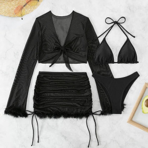 Costum de baie 4 piese cu fusta scurta si bluza, puf decorativ, negru#ZZ3012 - Img 5