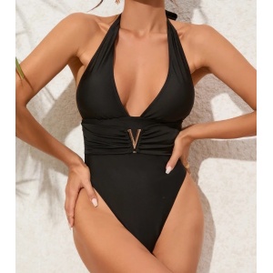 Costum de baie intreg cu decolteu adanc si accesoriu V metalic auriu , negru #ZZ1066