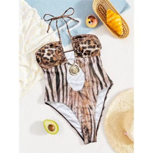 Costum de baie intreg cu decolteu, animal print, maro/bej #ZZ1028 - Img 5