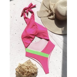 Costum de baie intreg cu spatele gol si decupaj in zona andomenului, roz neon #ZZ1904 - Img 3