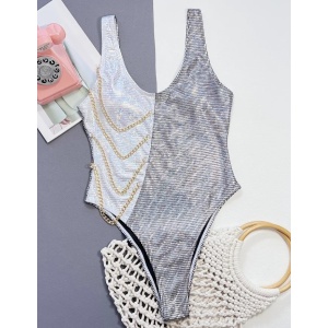 Costum de baie intreg metalizat cu lanturi aurii decorative, argintiu #ZZ1933 - Img 3