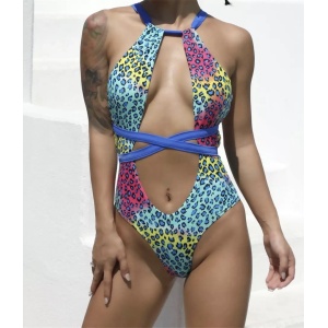 Costum de baie intreg sexy, cu decolteu adanc si spatele gol, imprimeu leopard, albastru/ multicolor #ZZ1919