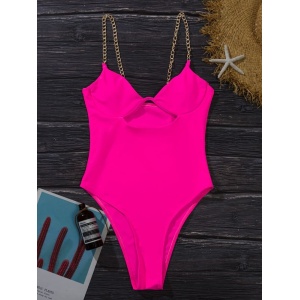 Costum de baie intreg sexy, cu decolteu, decupaj si bretele din lant auriu, roz neon #ZZ1940 - Img 2