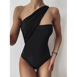 Costum de baie intreg sexy, pe un umar, cu decupaj la spate, negru #ZZ1927