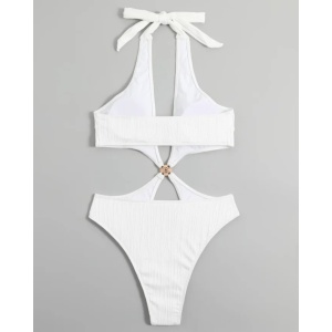 Costum de baie intreg sexy, ridat, cu decupaje la bust si abdomen, alb #ZZ1942 - Img 5