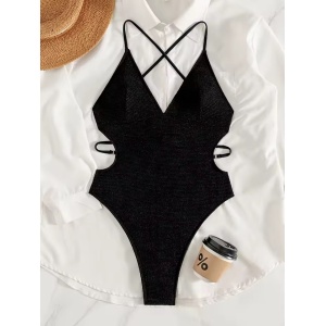 Costum de baie intreg tanga cu spatel gol si perle decorative, negru #ZZ1095 - Img 7