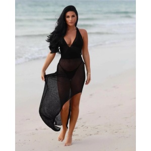Rochie lunga de plaja tricotata fin cu spatele gol si crapatura pe picior, negru #ZZ1970 - Img 2