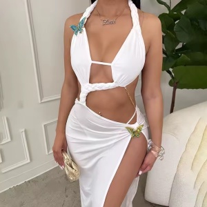 Rochie lungă sexy cu decupaje și crăpătură pe picior, alb #ZZ1081