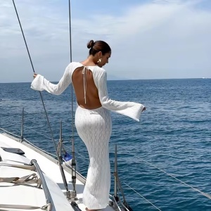 Rochie lungă sexy de plajă, tricotată, cu mâneci și spatele gol, alb #ZZ1083 - Img 3