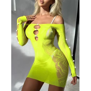 Rochie scurta sexy, elastica, cu maneca lunga si perle decorative, verde neon #ZZ4604 - Img 2