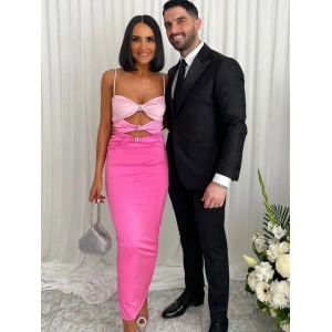 Rochie sexy lunga, decupaje si accesorii metalice cu cristale, roz #ZZ1053 - Img 8