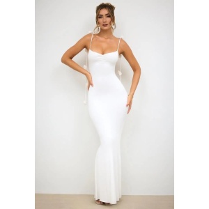 Rochie sexy lunga mulata, cu spatele gol si trandafiri decorativi, alb #ZZ1045 - Img 5