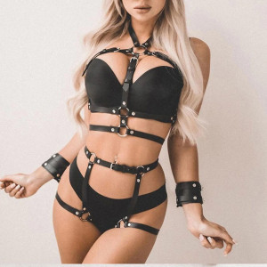 Set accesorii sexy tip ham din piele ecologica, cu catuse, negru, 3 piese #ZZ4357