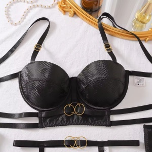 Set lenjerie intima din piele ecologica, imprimeu sarpe si manusi, negru, 5 piese #ZZ4071 - Img 11