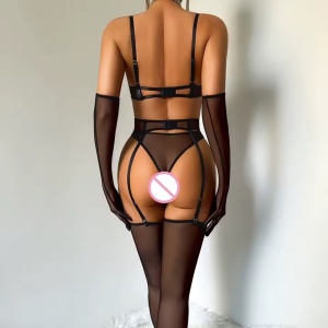Set lenjerie intima sexy cu balene de sustinere, manusi si ciorapi, 5 piese, negru #ZZ4225 - Img 6