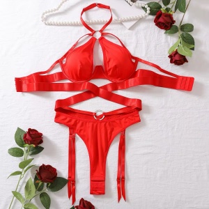 Set lenjerie intima sexy cu benzi satinate, slip cu prindere portjartier, rosu, 2 piese #ZZ4152 - Img 7
