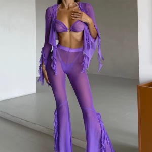 Set lenjerie intima sexy cu bluza si pantaloni, mov, 4 piese #ZZ4957