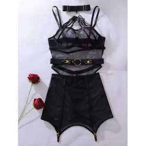 Set lenjerie intima sexy cu body si fusta, negru, 3 piese #ZZ4105 - Img 6