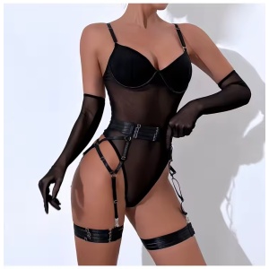 Set lenjerie intima sexy cu body si manusi lungi , negru, 4 piese #ZZ4274 - Img 4