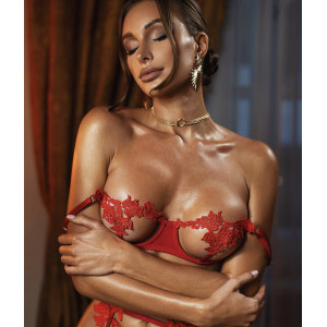 Set lenjerie intima sexy cu broderie florala si decupaje, rosu, 5 piese #ZZ4142 - Img 5