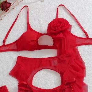 Set lenjerie intima sexy cu ciorapi inalti, roșu, 4 piese #ZZ4160 - Img 10