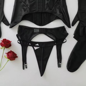 Set lenjerie intima sexy cu corset, ciorapi si manusi, negru, 4 piese #ZZ4073 - Img 11