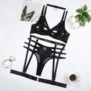 Set lenjerie intima sexy cu decupaje la slip si sutien, choker, negru, 5 piese #ZZ4003 - Img 10