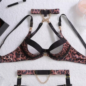 Set lenjerie intima sexy cu decupaje și imprimeu leopard, negru/ maro , 5 piese #ZZ4194 - Img 12