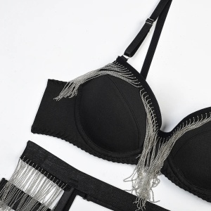 Set lenjerie intima sexy cu franjuri metalice, negru, 3 piese #ZZ4954 - Img 6